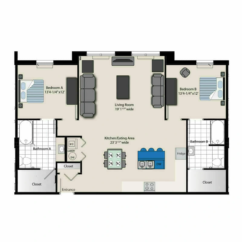 Comfortable living with a spacious two-bedroom apartment at Mira Vie at Warren retirement community. Our floor plan includes a welcoming living room, functional kitchen, and two convenient bathrooms.