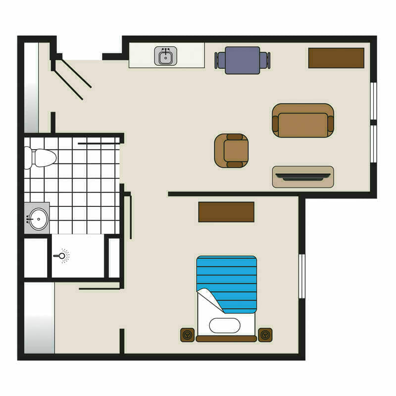 The furnished one-bedroom apartment floor plan at Mira Vie Retirement Community in Brick.