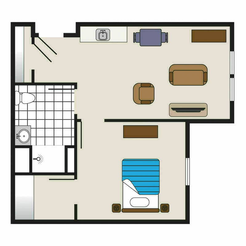 The furnished one-bedroom apartment floor plan at Mira Vie Retirement Community in Brick.