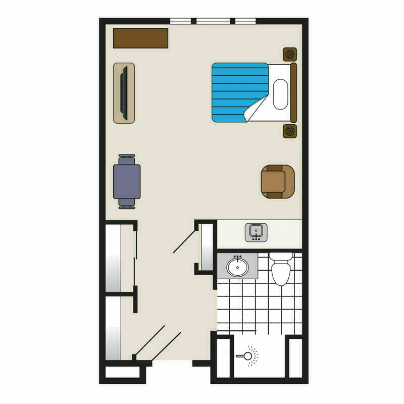 The streamlined floor plan for the Mira Vie at Brick one-bedroom apartment in our retirement community, featuring a distinct kitchen and bathroom.