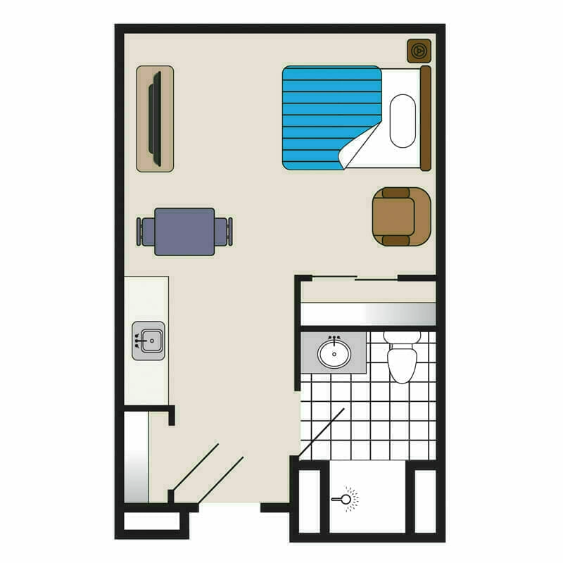 The compact, yet well-designed floor plan at Mira Vie at Brick retirement community. Our apartment features a functional kitchen, comfortable living area, and private bathroom for seniors seeking a cozy living experience.