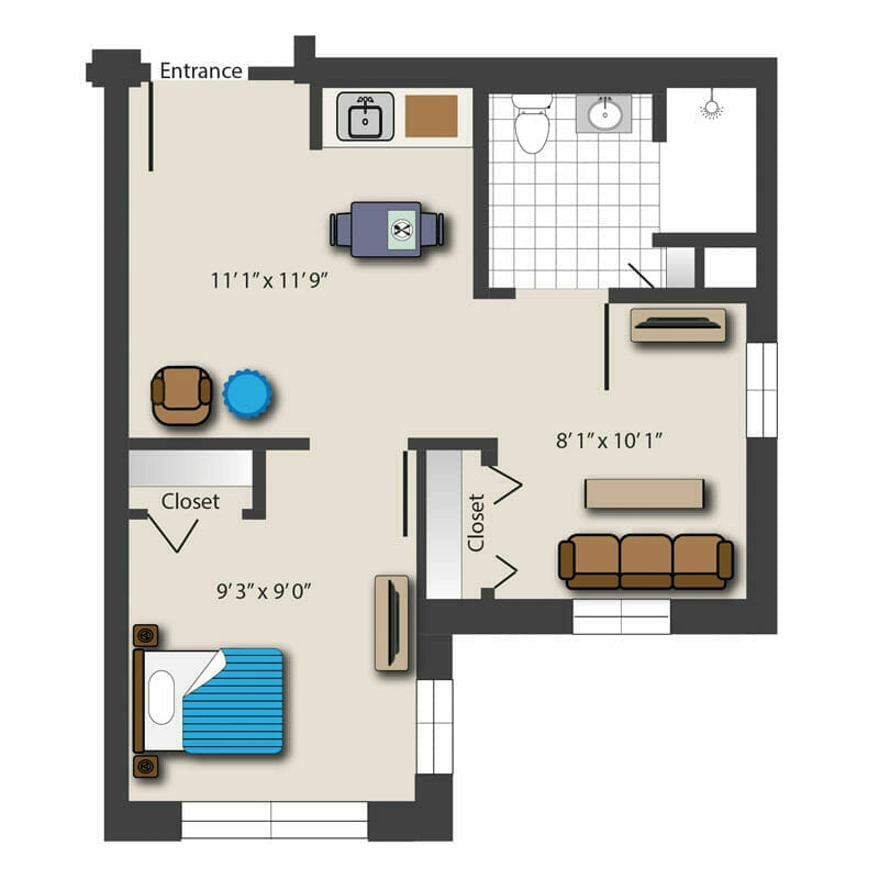 The spacious one-bedroom apartment floor plan with detailed dimensions and furniture layouts at Mira Vie at Brick retirement community.