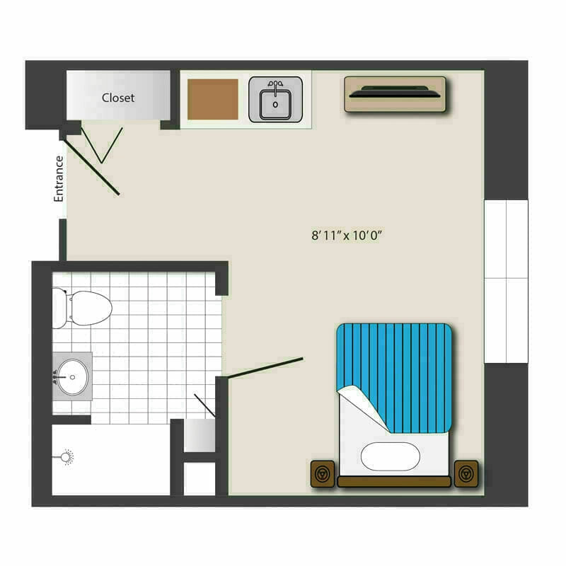 Compact and finely designed studio apartments at Mira Vie at Brick. Our units feature a bathroom, closet, and a separate sleeping area tailored to cater to all your comfort needs. Simplified retirement living with our well-planned floor layouts.