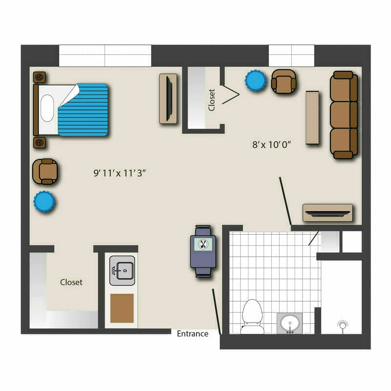 Second-floor, fully furnished apartments at Mira Vie at Brick Retirement Community with detailed floor plans showing room dimensions.
