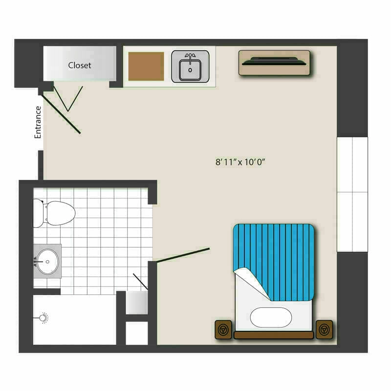 Compact Bathroom with Adjacent Closet Floor Plan at Mira Vie Brick Retirement Community.