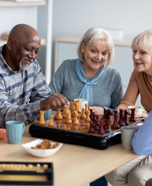 At the Mira Vie retirement community in East Brunswick, three seniors delight in a lively chess match.
