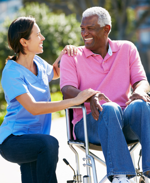 Compassionate care with joyful companionship at Mira Vie at Fanwood, providing exceptional wheelchair assistance for our residents in beautiful outdoor settings.