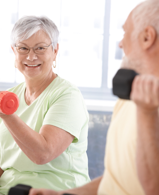 Engaging fitness sessions at Mira Vie at Forsgate Retirement Community, featuring our senior residents embracing active lifestyles with activities like dumbbell workouts.