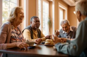 A group of seniors enjoy the benefit of communal dining in their assisted living community.
