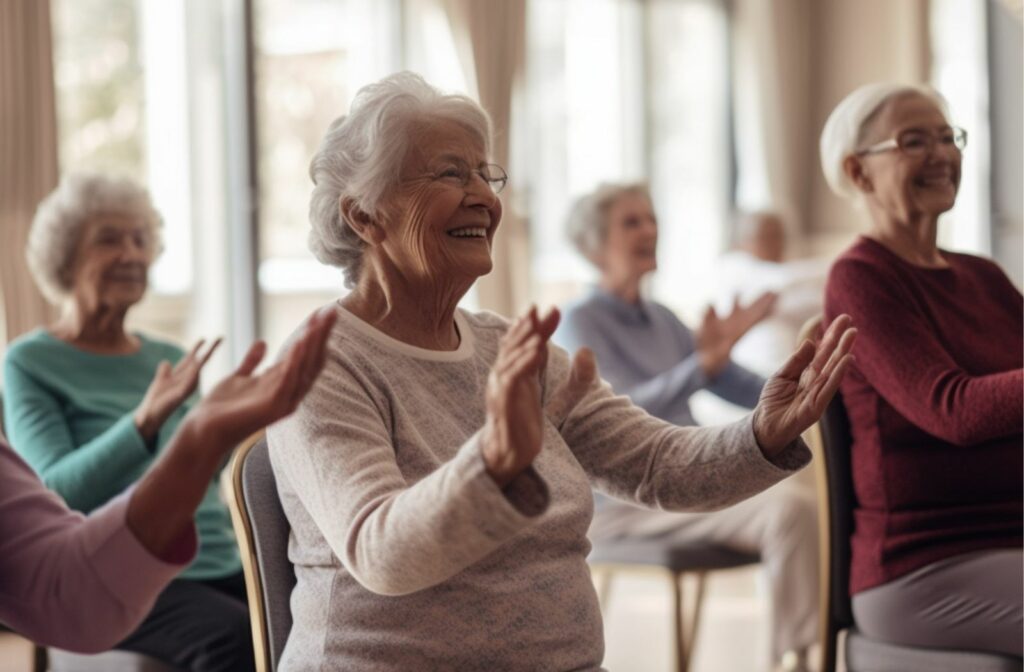 a group of seniors do chair exercises in senior living