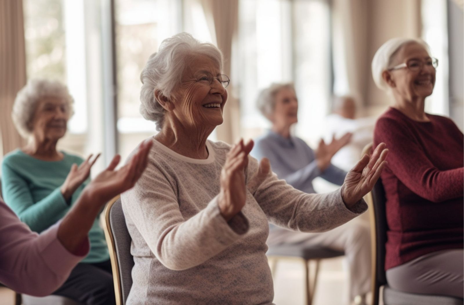 a group of seniors do chair exercises in senior living