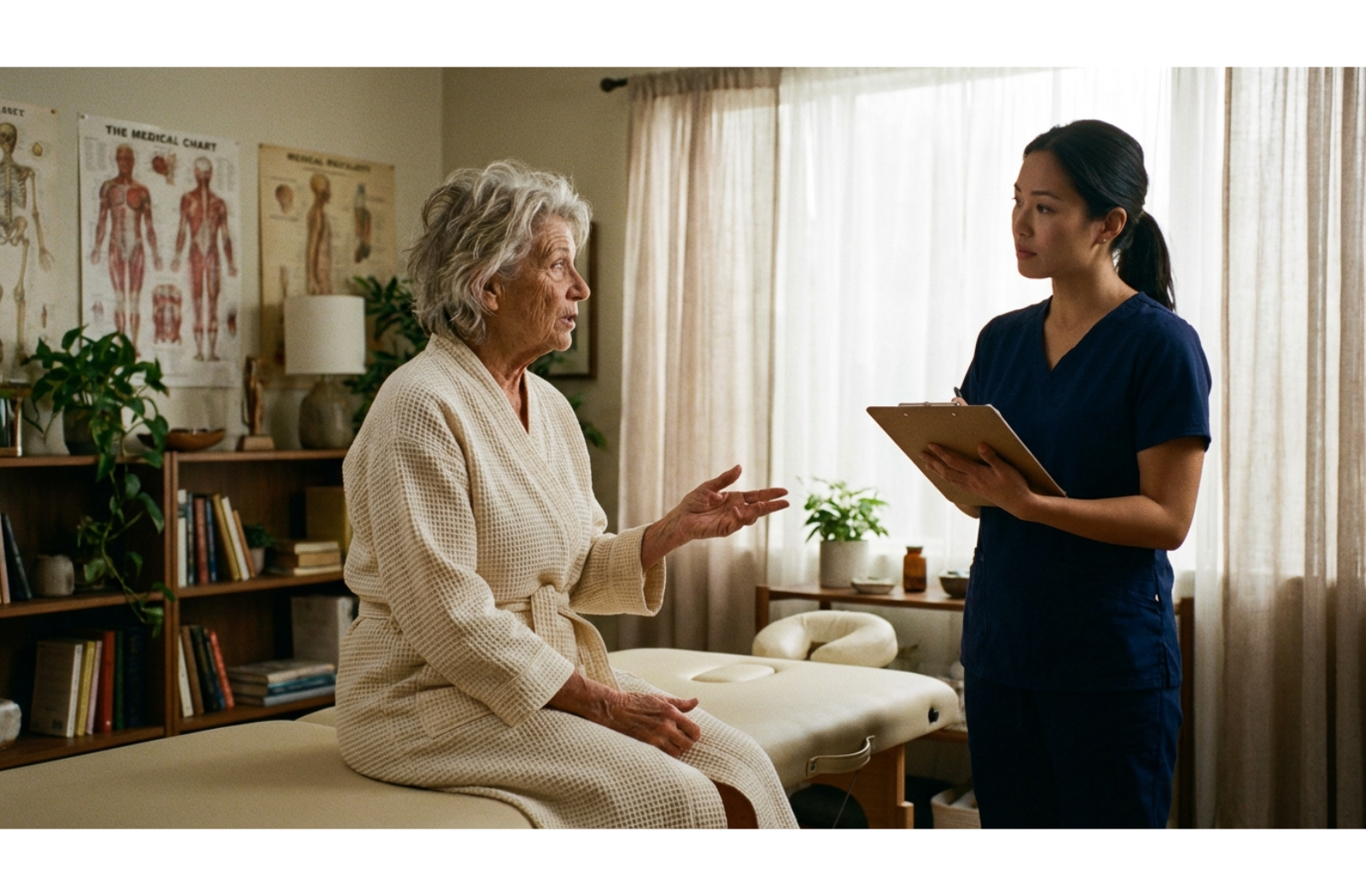 a senior sits in a chair weaning a robe waiting for a massage
