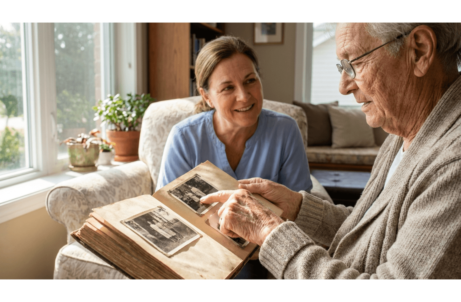 a carer and a senior look at a photo book in the senior's home