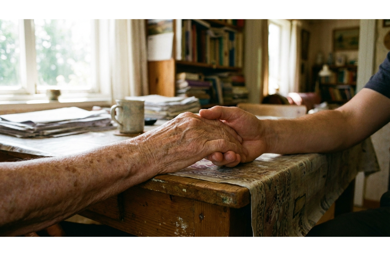 Seniors holding hands at a wooden table, warmly discussing retirement living options, with books and coffee in a cozy setting.