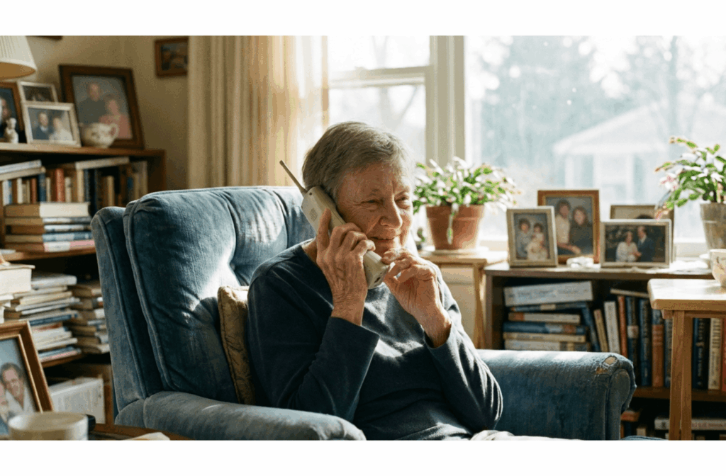 Senior adult sitting in a sunlit armchair holding a phone to their ear, smiling while looking out a window.