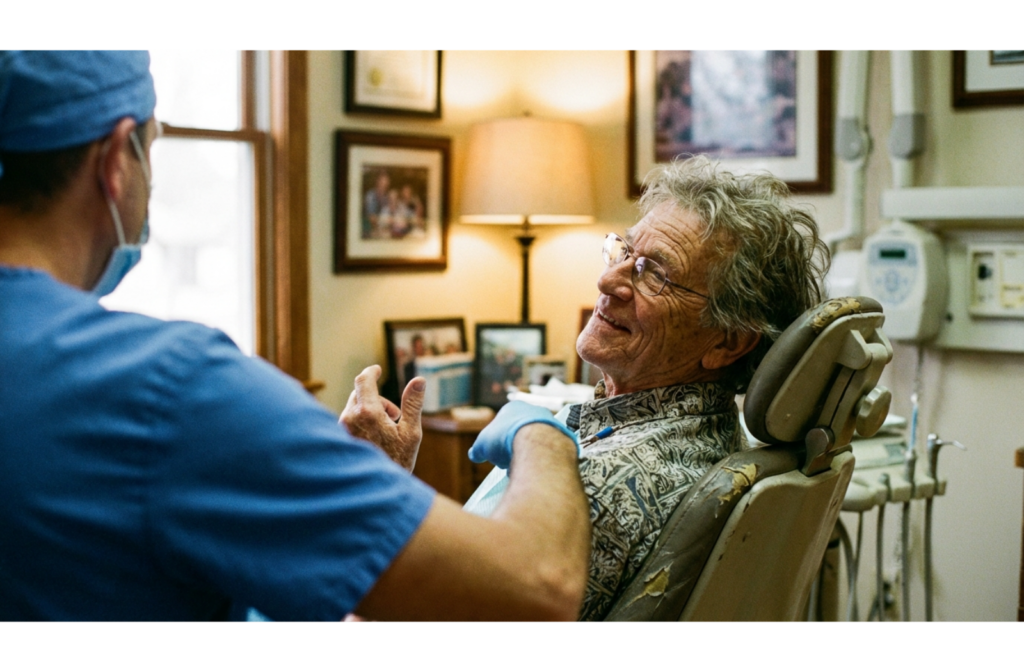 A senior patient sitting in a dental chair having a consultation with a dentist wearing medical scrubs.