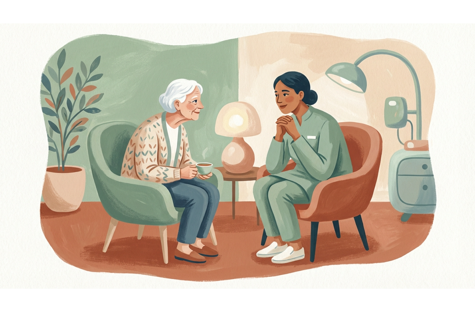 Gouache illustration of a senior patient and a healthcare provider in conversation, using warm colors to convey a trusting atmosphere.