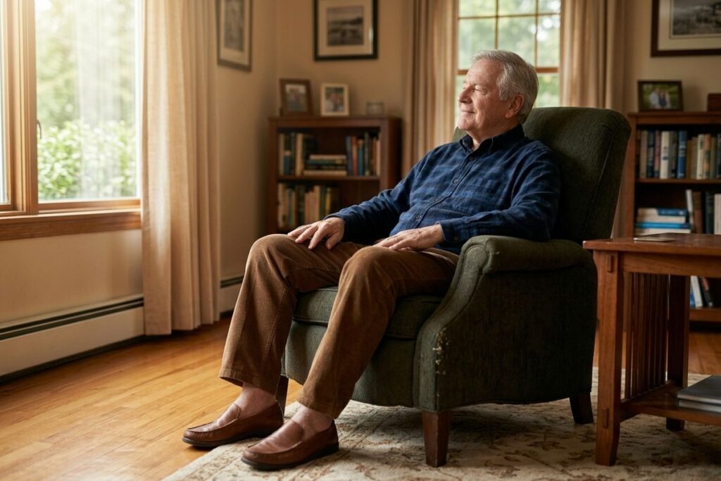 Older adult smiling, relaxing in a green armchair by a window, with bookshelves in a cozy living room.