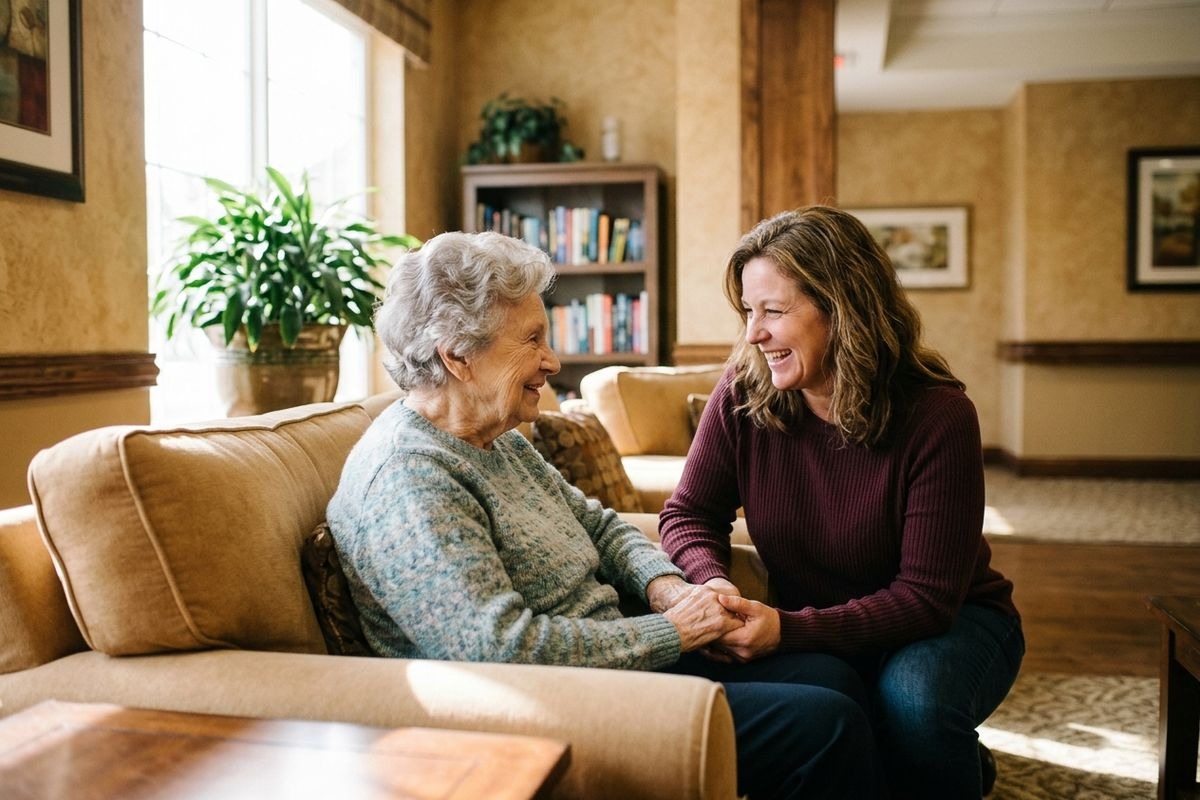 Older adult and younger adult holding hands and smiling at each other on a sofa in a warmly lit living room.