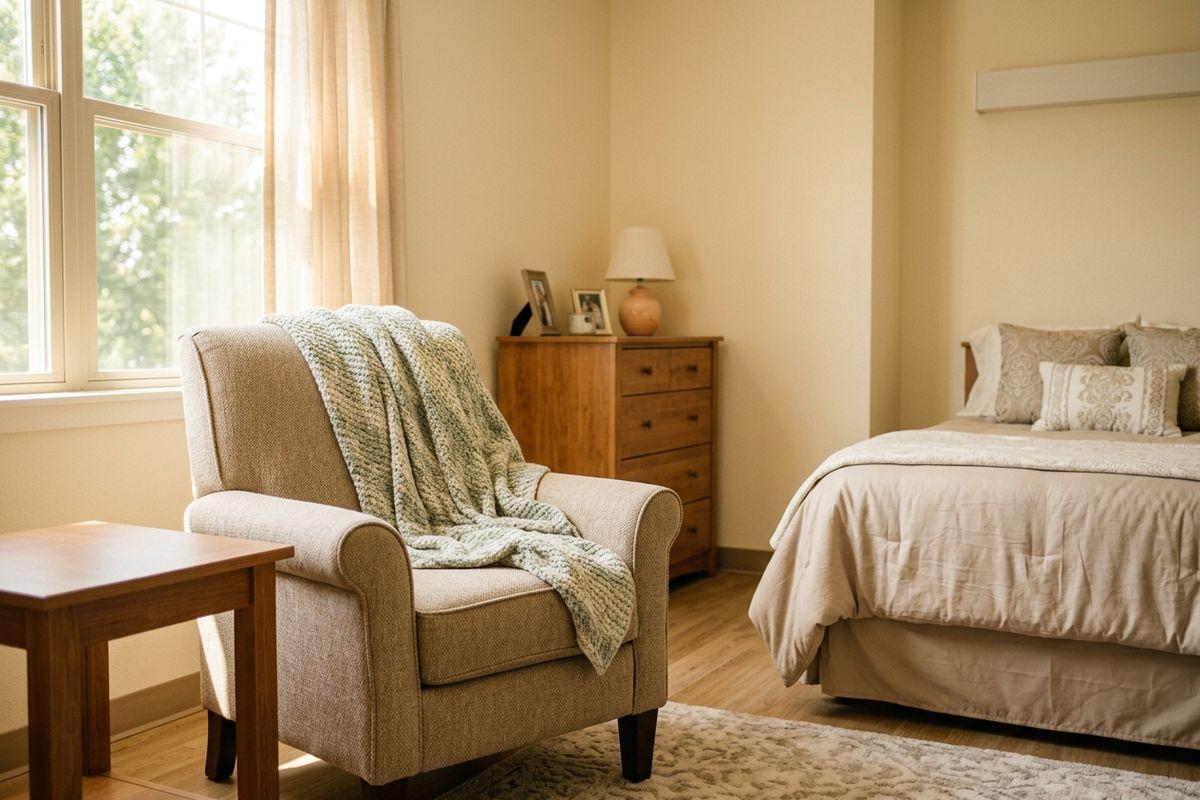 A sunlit bedroom is occupied by a beige armchair that is covered by a throw blanket, a wooden dresser with a lamp, and a neatly made bed with pillows.