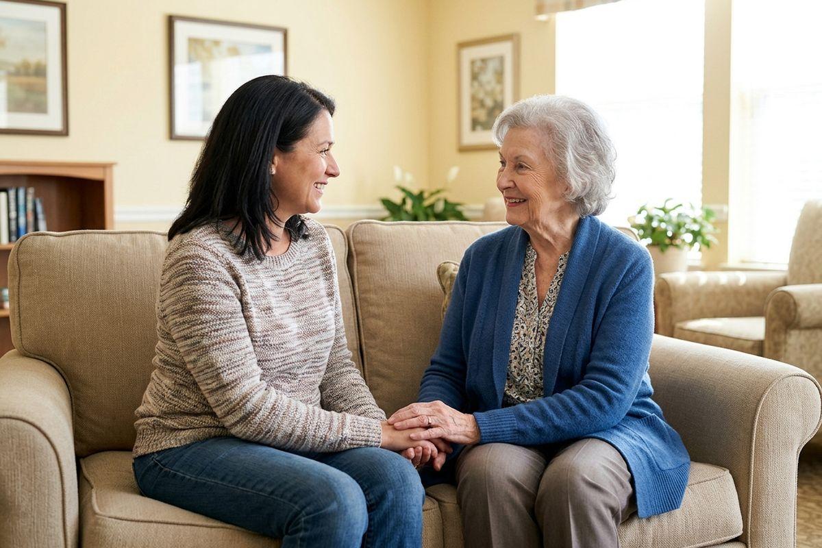 A younger woman and a senior sit on a couch, holding hands and smiling at each other in a bright living room.