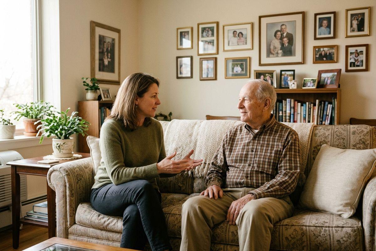 Two adults sit facing each other on a living room sofa, one gesturing with both hands while the older adult smiles.