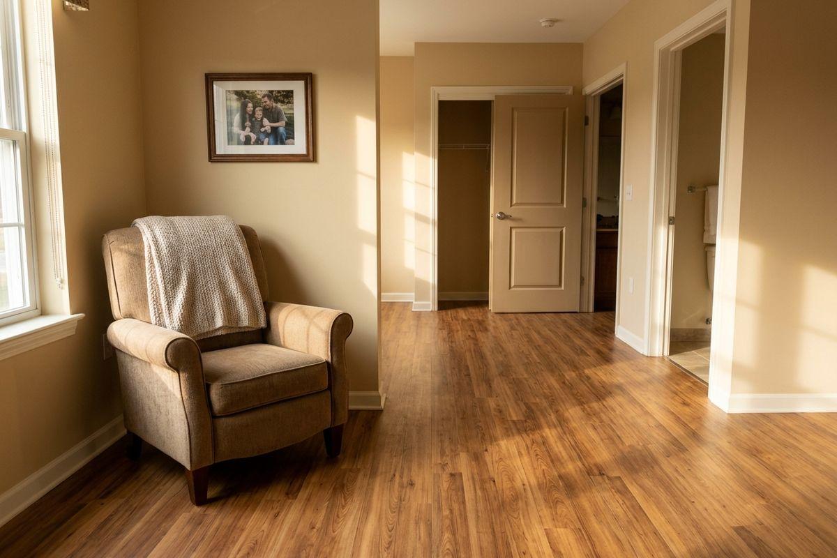 An armchair with a blanket sits beside a window in a sunlit room with wood flooring and open doorways.