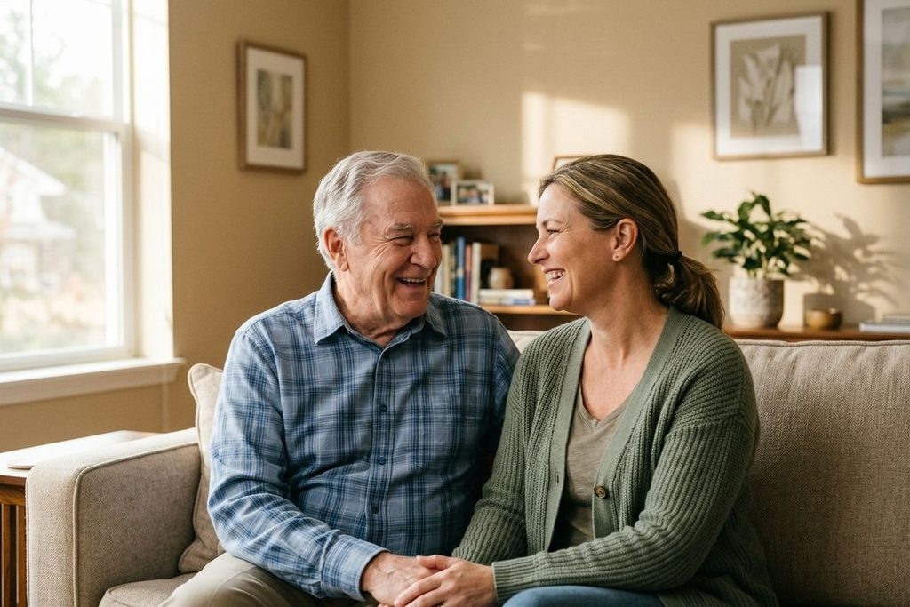 A senior and a younger woman sit on a couch, holding hands and smiling at each other in a sunlit living room.