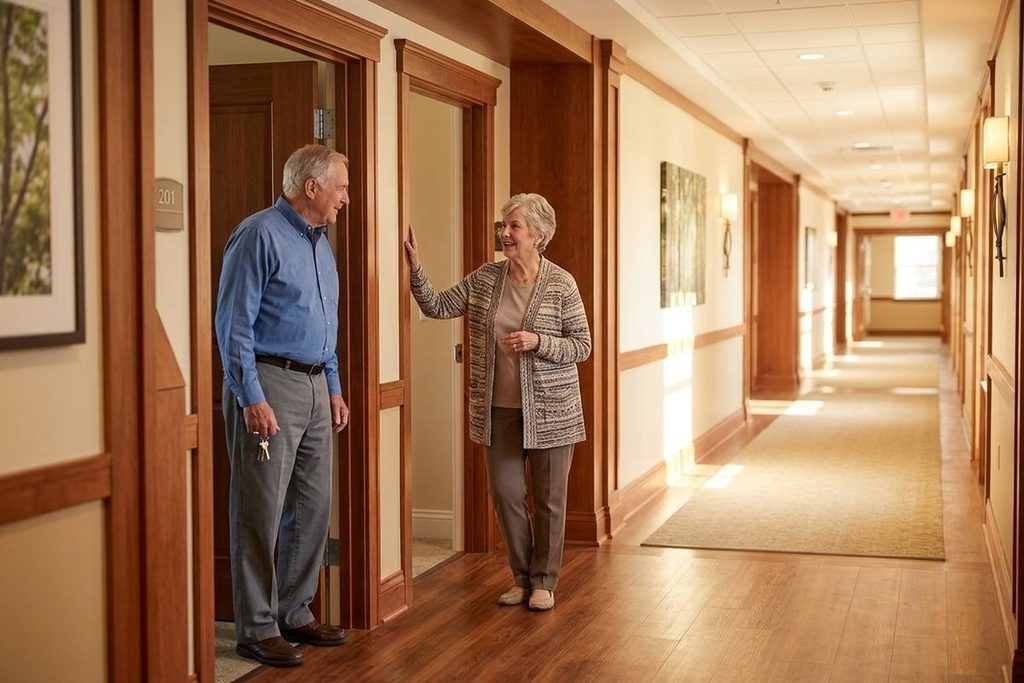 Two older adults talk and smile while standing in a hallway.