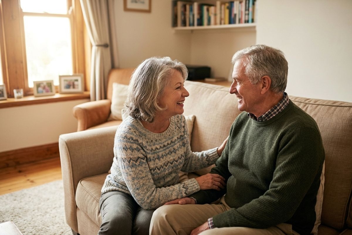 Two older adults sit smiling at each other on a beige sofa in a living room.