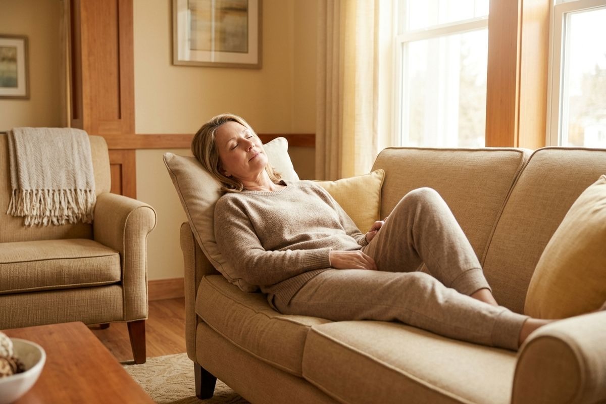 A woman reclines on a beige sofa with eyes closed and hands resting on her stomach in a sunlit living room.