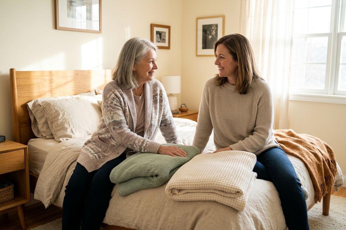 Two women sitting on a bed looking