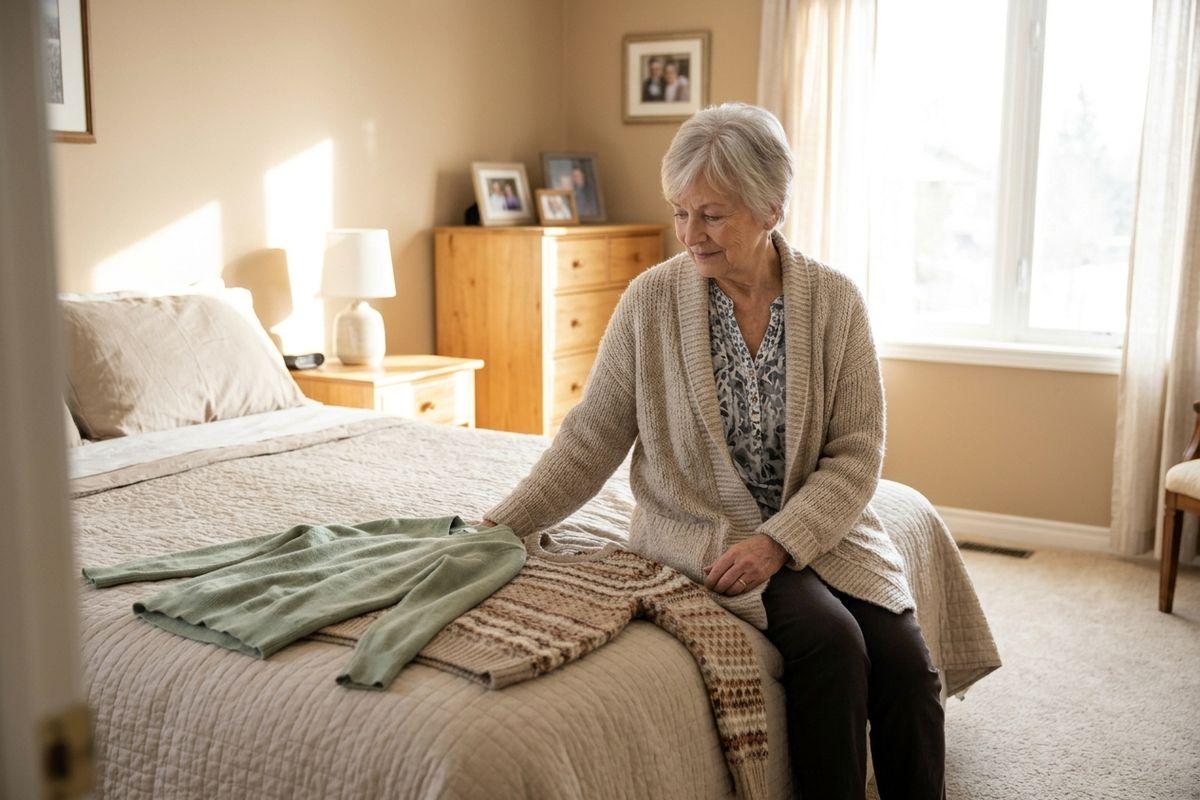 Woman sitting on a bed in a bedroom, depicting